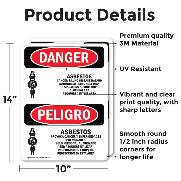 Asbestos Cancer Lung Disease Bilingual Danger Sign, Vinyl Decal, 10in W X 14in L, 2PK